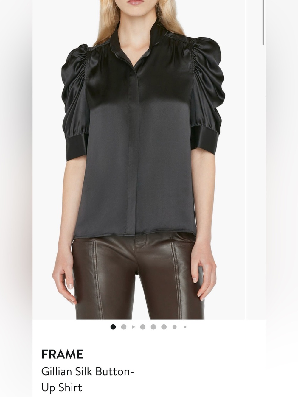 Frame Denim Gillian Black Satin Puff-Sleeve Blouse